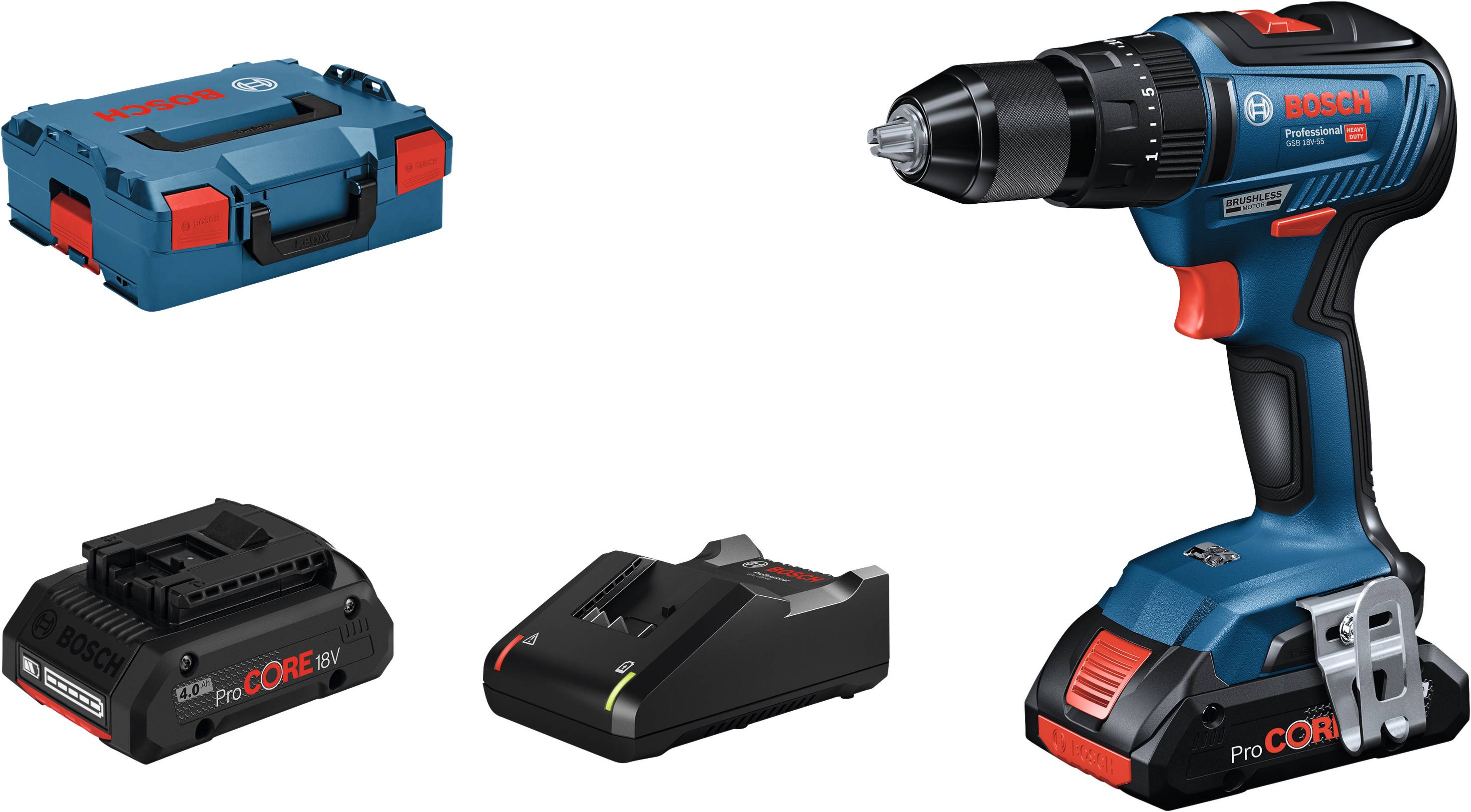Bosch Professional GSB 18V-55 -Slagborrmaskin batteri inkl. väska, inkl. 2x batterier