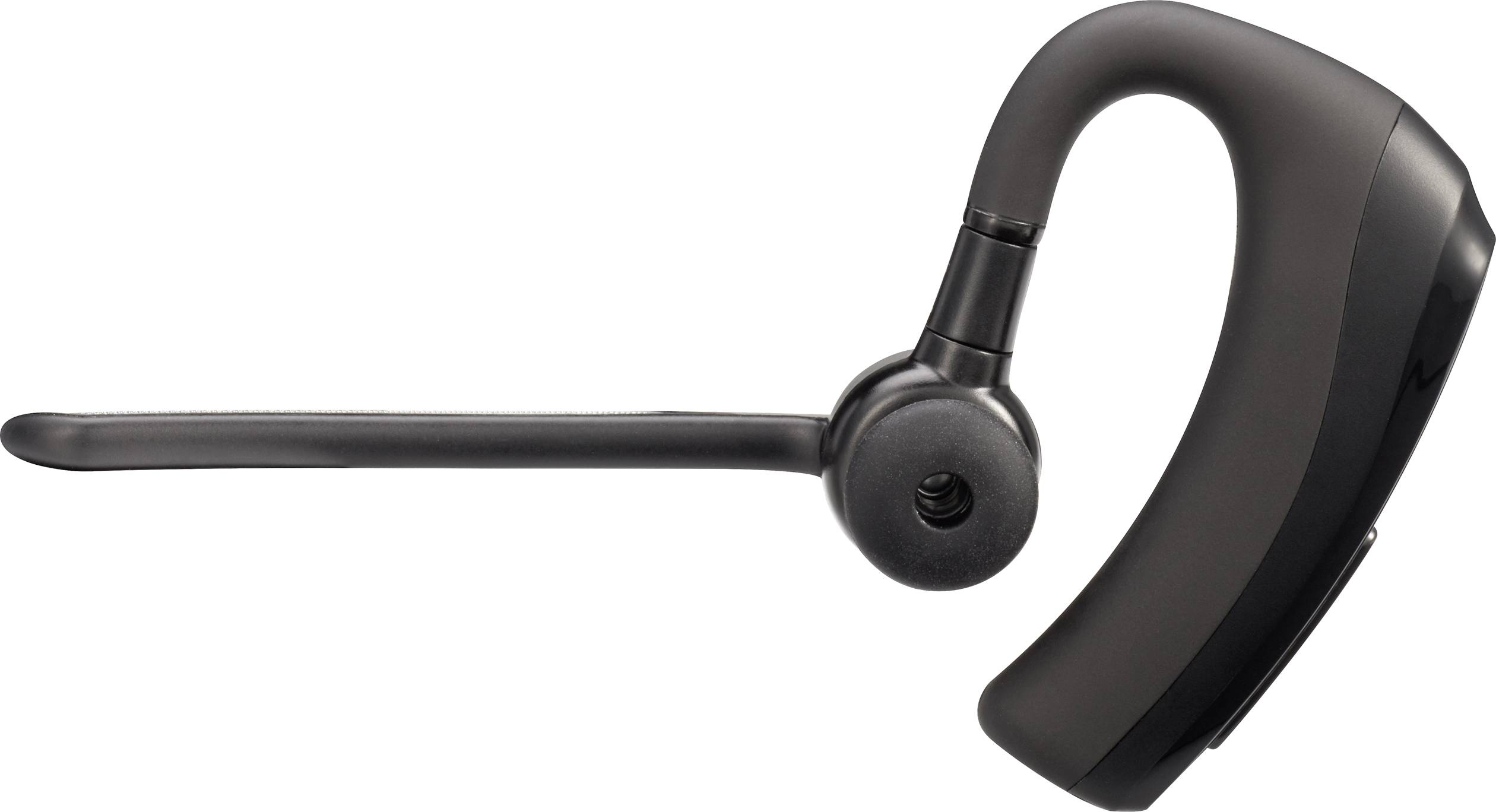 Čierna bluetooth handsfree náhlavná súprava s náušným oblúkom a dlhým mikrofonným ramenom.