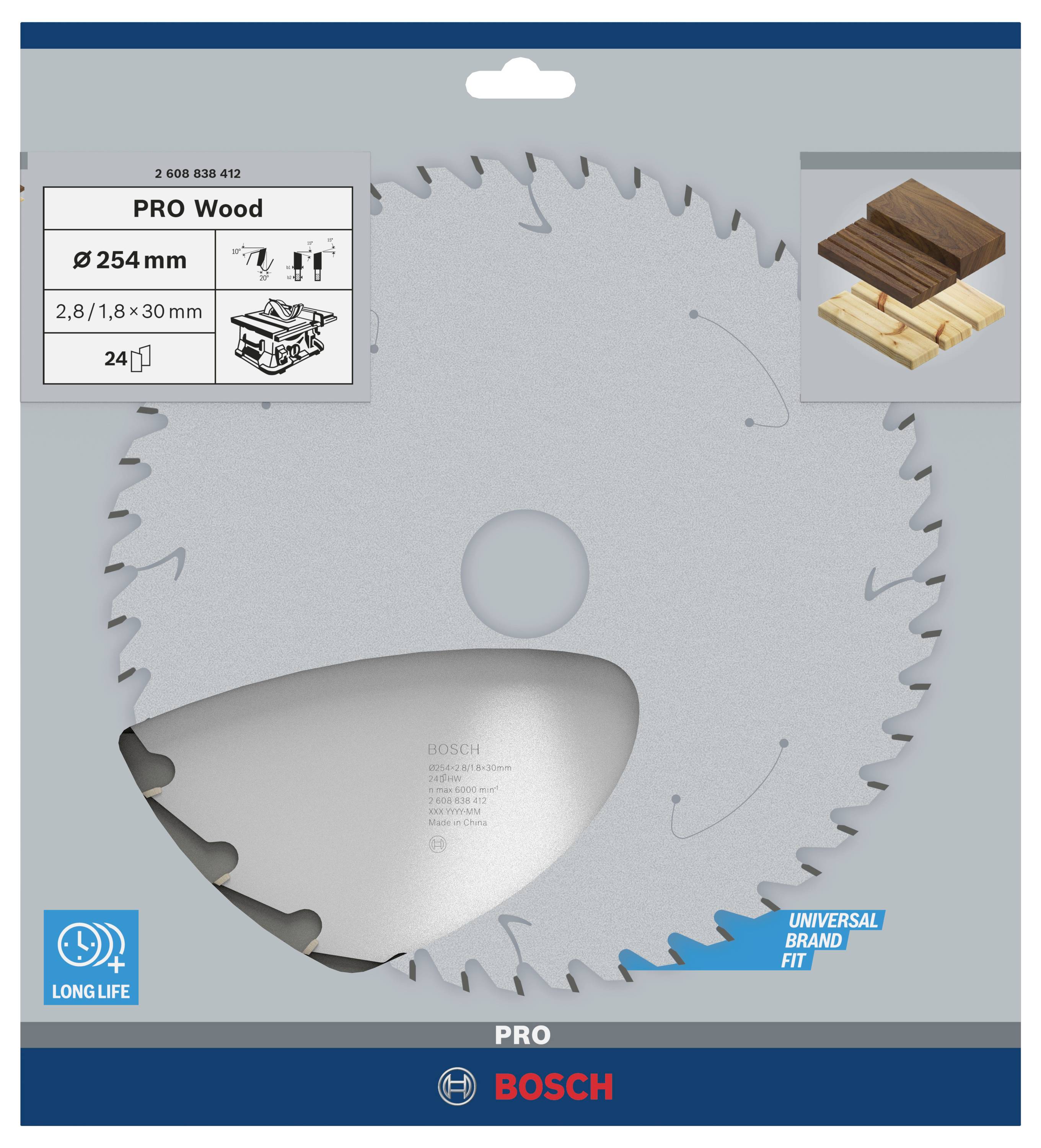 Pílový list Bosch do dreva s priemerom 254 mm, 24 zubov, vhodný pre univerzálne použitie.
