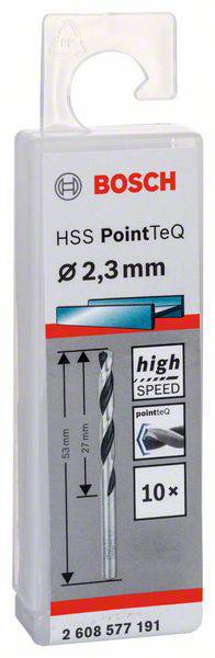 Sada vrtákov Bosch HSS PointTeQ do kovu, priemer 2,3 mm, 10 kusov, vhodné pre kovy, vysoká rýchlosť, dĺžka 57 mm.