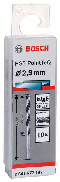 Balenie Bosch HSS PointTeQ vrtáka, priemer 2,9 mm, dĺžka 61 mm, vhodné pre 'High Speed', obsahuje 10 kusov.