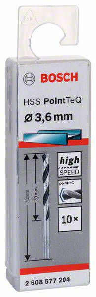 Balenie Bosch HSS PointTeQ vrtáka, priemer 3,6 mm, celková dĺžka 70 mm, na obrábanie kovu, s vysokou rýchlosťou.