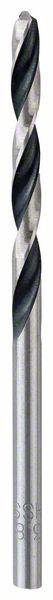 Kovový vrták so strieborným driekom a čiernymi rezacími hranami, vhodný na vŕtanie otvorov do tvrdých materiálov.