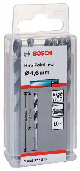 Balenie obsahuje 10 vrtákov Bosch HSS, priemer 4,6 mm, dĺžka 80 mm, určené pre obrábanie kovov, vhodné pre presné a rýchle vŕtanie.