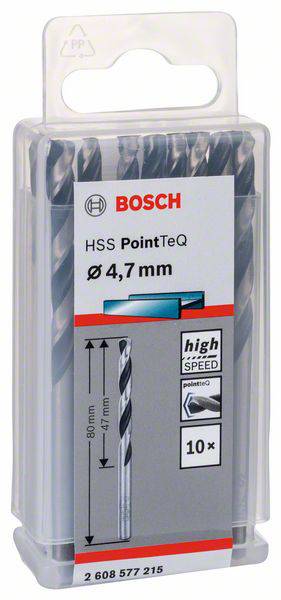 Balenie Bosch kovových vrtákov, HSS PointTeq, priemer 4,7 mm, dĺžka 80 mm, 10 kusov.