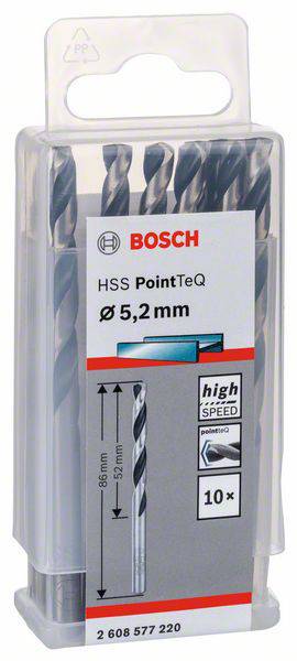 Balenie desiatich vrtákov Bosch HSS PointTeQ do kovu, priemer 5,2 mm, vhodné pre rýchle a presné vŕtanie do kovu.