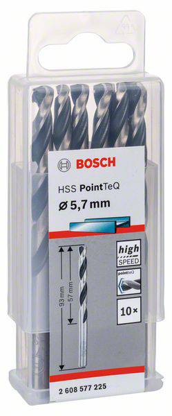 Sada vrtákov Bosch HSS PointTeQ, Ø 5,7 mm, 10 kusov, High Speed. Obsahuje špirálovo vyfrézované kovové vrtáky v plastovom obale.