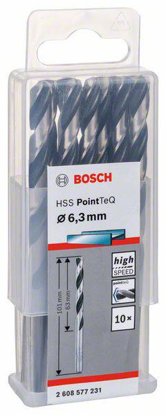 Balenie s desiatimi kovovými vrtákmi Bosch HSS PointTeQ, priemer 6,3 mm, vhodné pre rýchle vŕtanie, zobrazené v priehľadnom obale.