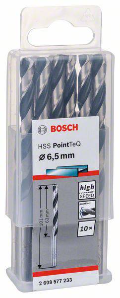 Balenie s desiatimi vrtákmi Bosch HSS PointTeQ, priemer 6,5 mm, vhodné na rýchle vŕtanie do kovu.