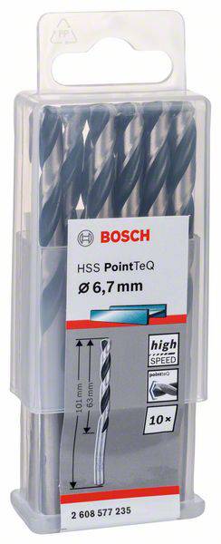 Balenie s desiatimi vrtákmi Bosch HSS PointTeQ, Ø 6,7 mm. Vhodné na rýchle vŕtanie do kovu. Obsahuje grafiku veľkosti.