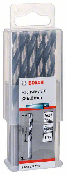 Sada vrtákov Bosch: HSS PointTeQ, priemer 6,8 mm, vhodná na rýchle vŕtanie do kovu. Priehľadný plastový obal.