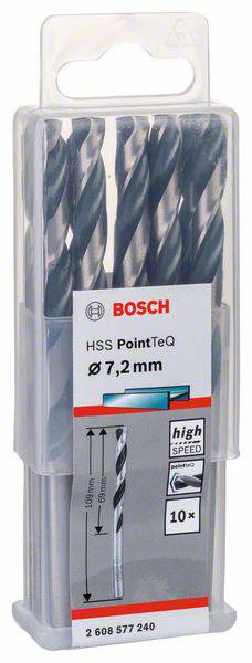 Balenie obsahuje desať vrtákov Bosch HSS PointTeQ, priemer 7,2 mm. Obsahuje obrázok vrtáka a symboly vysokej rýchlosti a trvanlivosti.