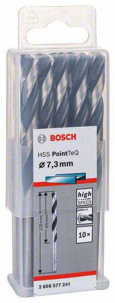 Balenie s vrtákmi Bosch HSS PointTeq, priemer 7,3 mm, 10 kusov. Vhodné pre vysokú rýchlosť a presnosť.
