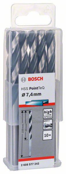 Produktová fotografia vrtákov Bosch: 'HSS PointTeQ 7,4 mm'. Obsahuje 10 vrtákov z rýchloreznej ocele v priesvitnom balení.