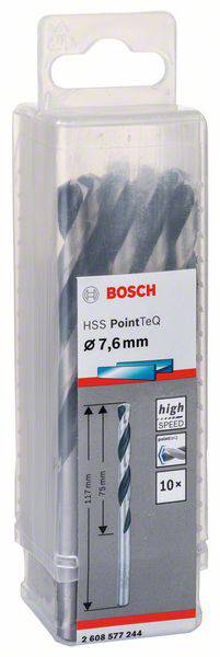 Balenie desiatich vrtákov do kovu Bosch HSS PointTeQ, priemer 7,6 mm, v priehľadnom plastovom obale.