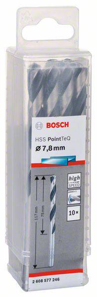 Balenie vrtákov Bosch, model HSS PointTeQ, priemer 7,8 mm, dĺžka 117 mm, vhodné na kov, 10 kusov.