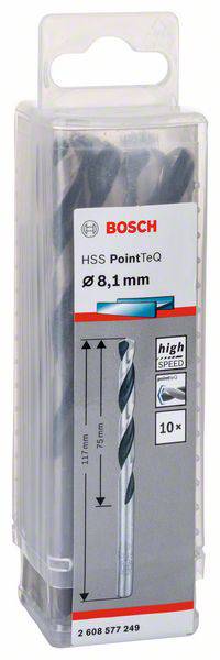 Balenie Bosch HSS PointTeQ vrtákov, priemer 8,1 mm, 10 kusov, vhodné pre rýchle vŕtanie do kovu.