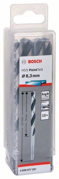 'Bosch HSS PointTeQ vrták, 8,3 mm, na kovové vŕtanie, obal zobrazuje produktový slogan a obrázok vrtáka na ilustráciu.'