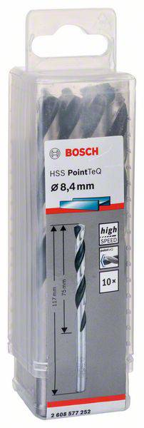 Balenie s Bosch HSS PointTeQ kovovými vrtákmi, Ø 8,4 mm, 10 kusov. Obrázok zobrazuje 'High Speed' a dĺžku vrtáku 117 mm.