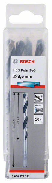 Sada vrtákov Bosch HSS PointTeQ s priemerom 8,5 mm, vhodná na kov, balenie zobrazuje obrázok vrtáka a technické detaily.