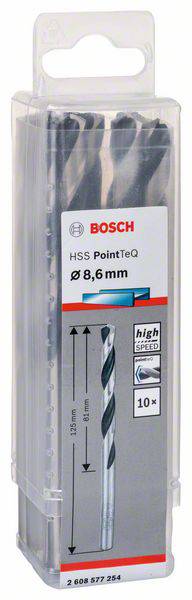 Sada vrtákov Bosch 'HSS PointTeQ', priemer 8,6 mm, vhodná pre vysokorýchlostné vŕtanie, balenie obsahuje 10 kusov.