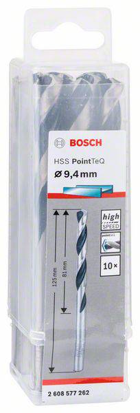 Vrtáková sada s logom Bosch, 'HSS PointTeQ', priemer 9,4 mm, dĺžka 125 mm, určená na obrábanie kovu.