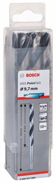 Sada vrtákov Bosch, HSS PointTeQ, priemer 9,7 mm, vhodná pre vysokorýchlostné vŕtanie, balená v priehľadnom plastovom puzdre.