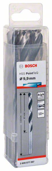 Balenie obsahuje 10 kusov vrtákov Bosch, model HSS PointTeQ, s priemerom 9,9 mm, vhodných pre vysokorýchlostné vŕtanie.