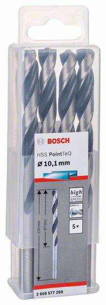 Sada piatich vrtákov do kovu Bosch HSS PointTeq s priemerom 10,1 mm v priehľadnom plastovom obale.