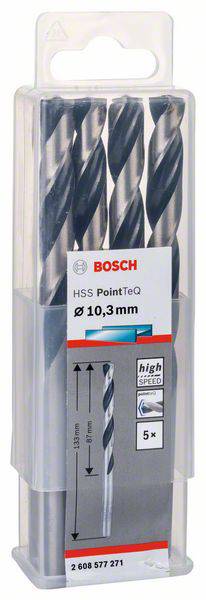 Tri Bosch HSS PointTeq vrtáky s priemerom 10,3 mm v priehľadnom obale. Vhodné pre vysoké rýchlosti.