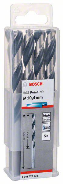 Balenie s vrtákmi Bosch HSS PointTeQ, priemer 10,4 mm, 5 kusov, vhodné na vŕtanie do kovu, vysoká rýchlosť.