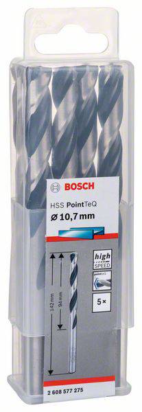 Sada kovových vrtákov Bosch, model 'HSS PointTeQ', priemer 10,7 mm, 5-dielna sada, balenie zobrazuje vysokokvalitné vrtáky.