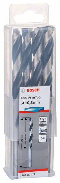 Vrták Bosch HSS PointTeQ, priemer 10,8 mm v priehľadnom plastovom obale, päť vrtákov, trvanlivý a účinný.