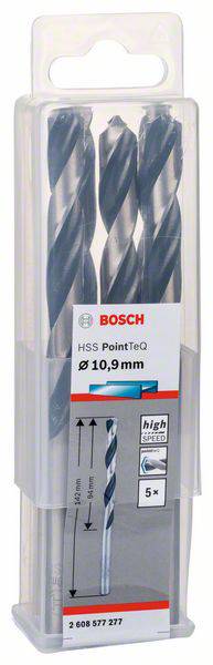 Sada vrtákov Bosch, HSS PointTeQ, päť kusov, priemer 10,9 mm. Balené v priehľadnej plastovej krabičke.
