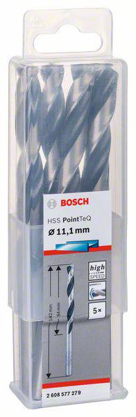 Sada vrtákov Bosch, HSS PointTeQ, priemer 11,1 mm, 5 kusov, v plastovom obale.