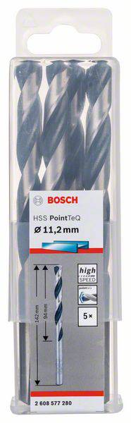 Sada piatich vrtákov Bosch HSS PointTeq s priemerom 11,2 mm na vŕtanie do kovu, balená v priehľadnom plastovom obale.