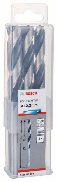 Sada vrtákov Bosch HSS PointTeQ, Ø 12,2 mm, 5-dielna, na rýchle a presné vŕtanie do kovu a plastu.