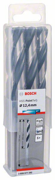 Sada piatich vrtákov Bosch HSS PointTeq, priemer 12,4 mm, vhodných pre vŕtanie do kovu. Balené v priehľadnej krabičke.