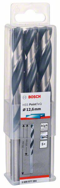 Balenie s piatimi vrtákmi do kovu Bosch HSS PointTeQ, priemer 12,6 mm, zobrazené na obrázku. Etiketa zobrazuje detaily produktu a rozmery.