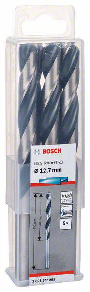 Balenie s piatimi vrtákmi Bosch HSS, priemer 12,7 mm, vhodné pre vysokorýchlostné vŕtanie.