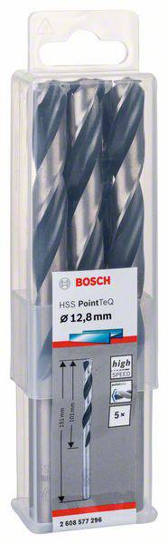 Sada vrtákov v balení, značka Bosch. Popis uvádza 'HSS PointTeQ Ø 12,8 mm', 5 kusov vhodných na obrábanie kovu.