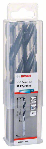 Sada vrtákov v plastovom obale. Etiketa uvádza 'BOSCH HSS PointTeq Ø 12,9 mm', údaje o dĺžke a počte päť kusov.