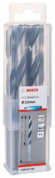 Vrtáky Bosch HSS PointTeQ 13mm. Vhodné pre vŕtanie do kovu. Obsahuje 5 kusov. Balenie zobrazuje vrtáky a detaily produktu.
