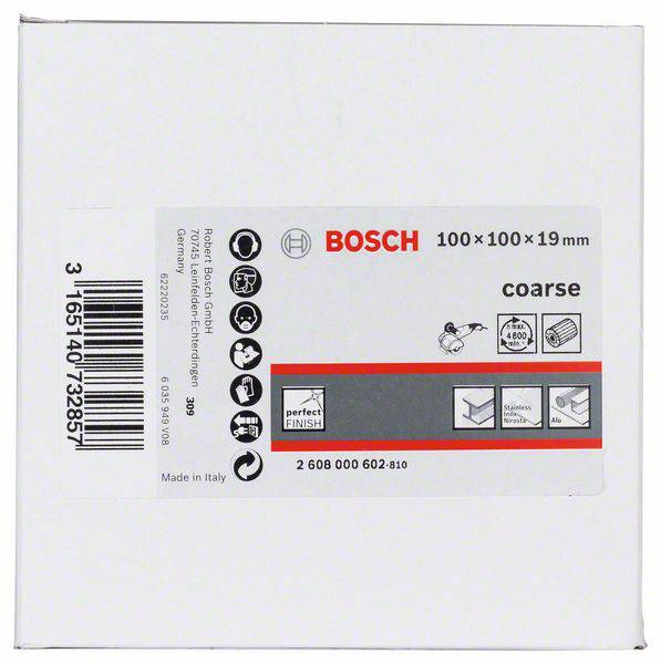 Balenie brúsneho kotúča Bosch, 100x100x19 mm, 'hrubý', vhodný pre drevo, korekčný marker, plast. Dokonalý finálny povrch, vyrobené v Taliansku.