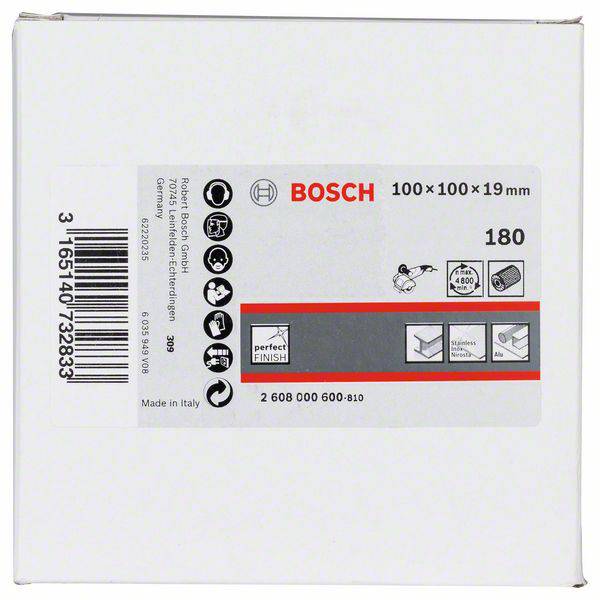 Biela škatuľa s etiketou spoločnosti 'Bosch'. Obsahuje informácie o brúsnych kotúčoch: veľkosť 100x100x19 mm, zrnitosť 180.