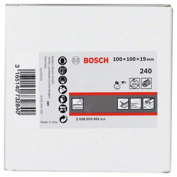 Balenie brúsneho kotúča Bosch, 100x100x19 mm, zrnitosť 240. Obsahuje symboly presnosti a dokonalého povrchu. Vyrobené v Taliansku.
