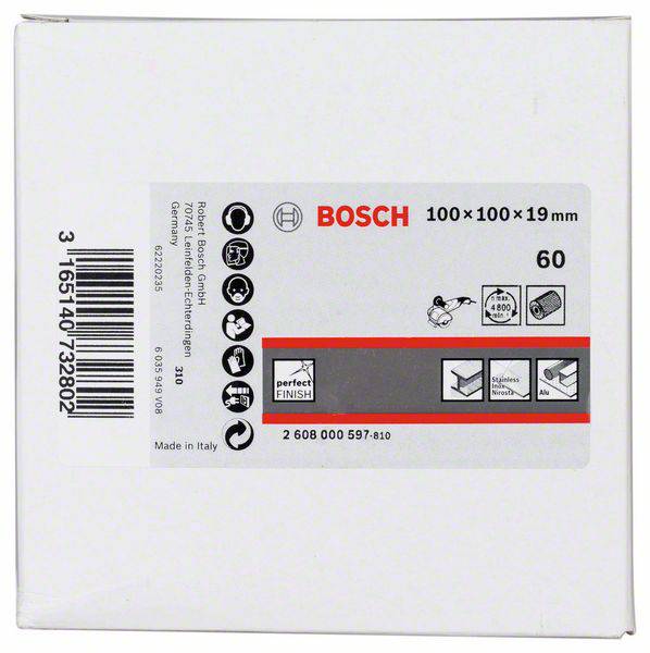 Štvorcový brúsny kotúč Bosch, 100 x 100 x 19 mm, zrnitosť 60, vhodný na drevo, farbu, lak. Vyrobené v Taliansku.