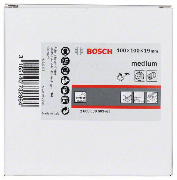 Obal na brúsne listy Bosch, 100x100x19 mm, stredná zrnitosť, s symbolmi návodu na použitie a čiarovým kódom.
