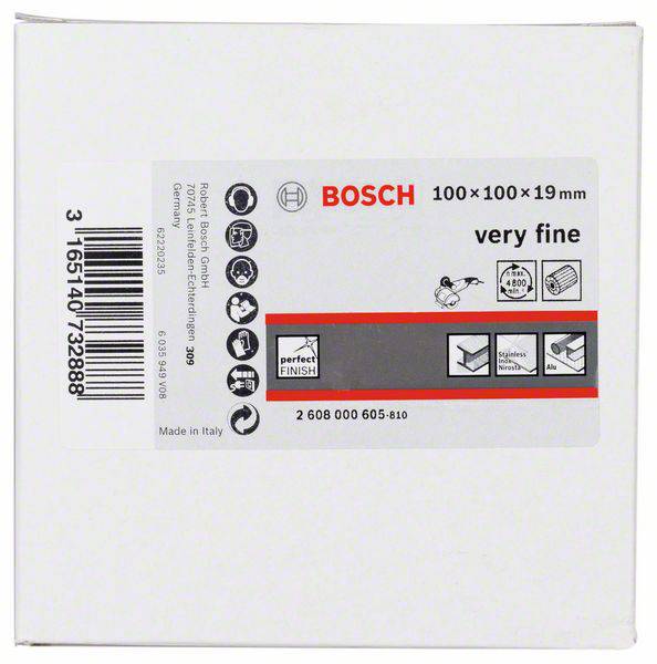 Biela krabica s logom Bosch. Obsahuje brúsne kotúče, veľkosť 100x100x19 mm, 'veľmi jemné'. Vyrobené v Taliansku.