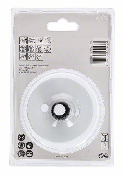 Balenie nadstavca vŕtačky Bosch s čiarovým kódom, bezpečnostnými a aplikačnými symbolmi. Vyrobené spoločnosťou Robert Bosch Power Tools.